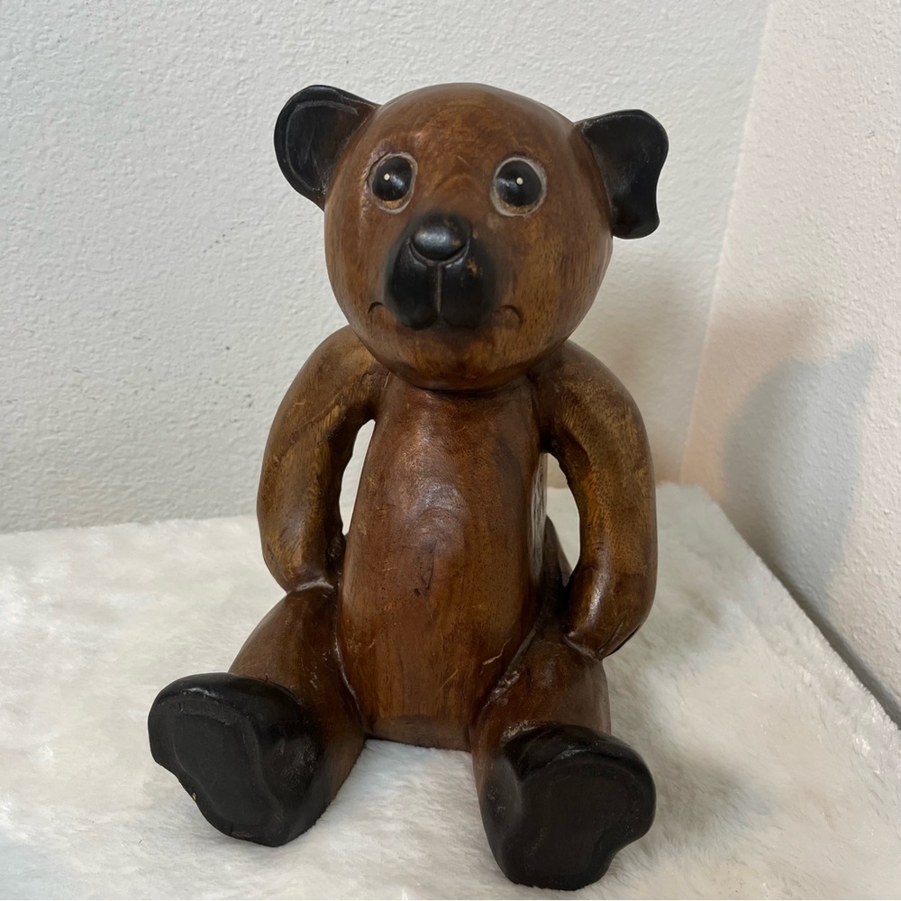 Vintage Hand Solid Wood Carved Teddy Bear Figure Statue